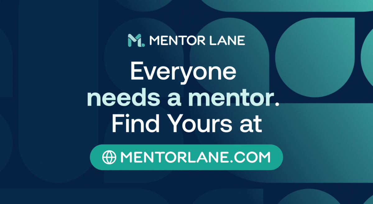 Dark blue and teal graphic with Mentor Lane logo and text: